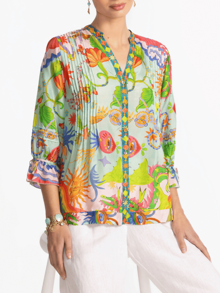 Johnny Was Vacanza Silk Pintuck Blouse in Kayla Print C16425-5 Shop Johnny Was Stockist Sydney Australia Boho Chic Clothing, Embroidered Dresses, and Unique Tops at Signature of Double Bay