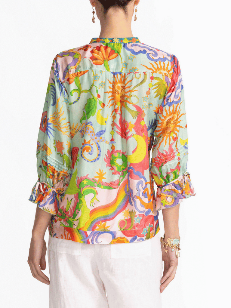 Johnny Was Vacanza Silk Pintuck Blouse in Kayla Print C16425-5 Shop Johnny Was Stockist Sydney Australia Boho Chic Clothing, Embroidered Dresses, and Unique Tops at Signature of Double Bay