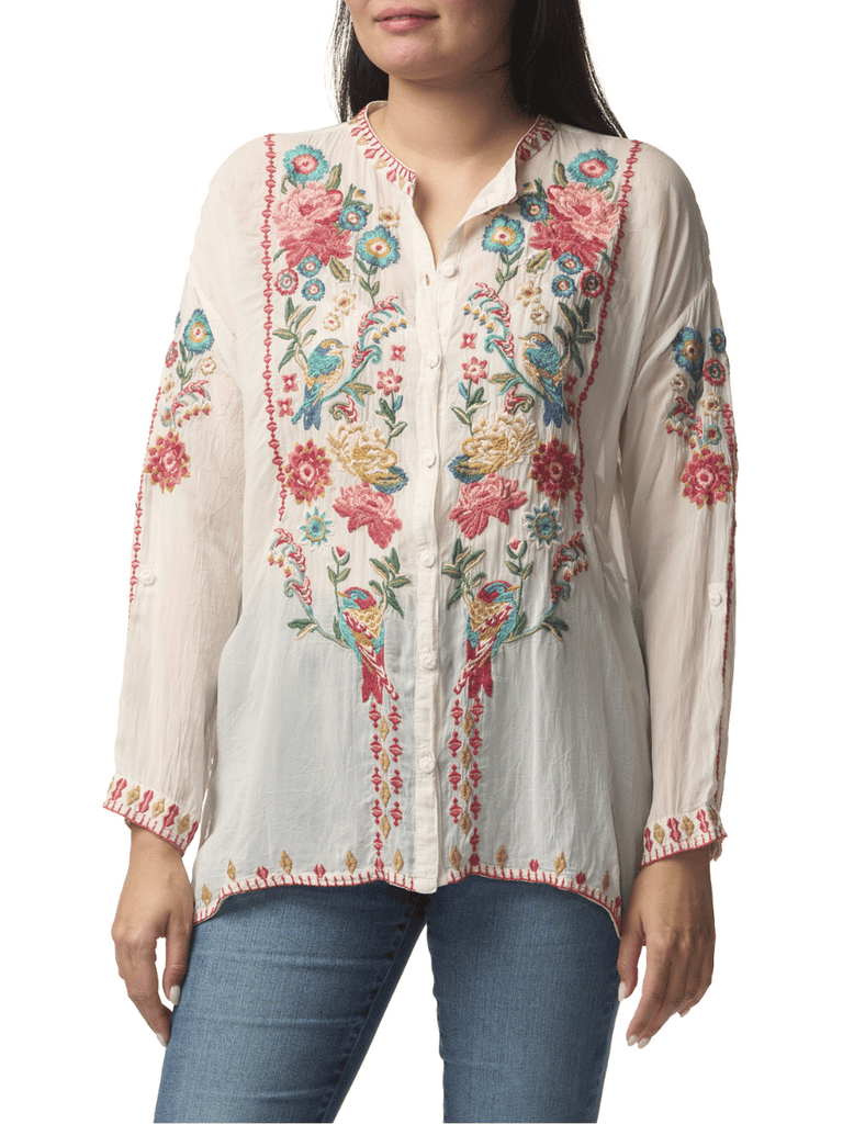 Johnny Was The Audrey Mandarin Collar Shirt in Madeline C15725 Shop Johnny Was Stockist Sydney Australia Boho Chic Clothing, Embroidered Dresses, and Unique Tops at Signature of Double Bay