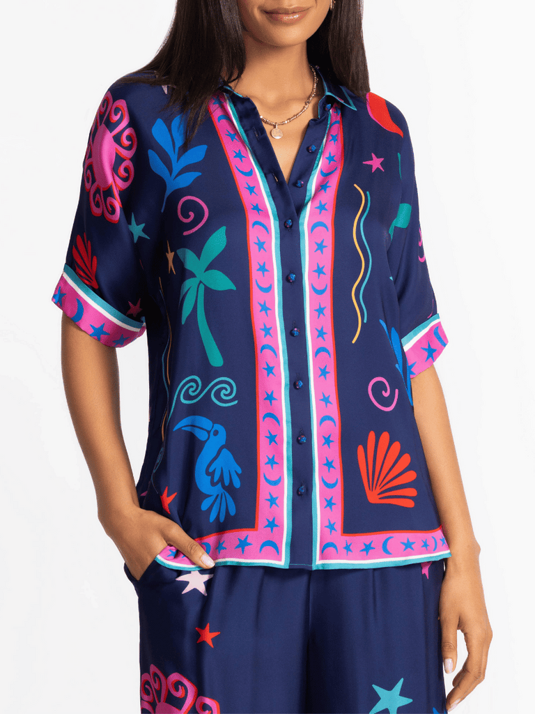 Johnny Was Fernanda Button Down Shirt in Paloma's Island Print L16925-4 Shop Johnny Was Stockist Sydney Australia Boho Chic Clothing, Embroidered Dresses, and Unique Tops at Signature of Double Bay