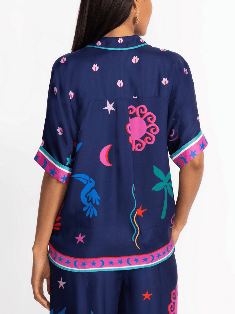 Johnny Was Fernanda Button Down Shirt in Paloma's Island Print L16925-4 Shop Johnny Was Stockist Sydney Australia Boho Chic Clothing, Embroidered Dresses, and Unique Tops at Signature of Double Bay