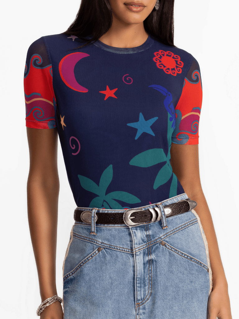 Johnny Was Eleanor Short Sleeve Mesh Tee in Paloma’s Island Print L17025-4 Shop Johnny Was Stockist Sydney Australia Boho Chic Clothing, Embroidered Dresses, and Unique Tops at Signature of Double Bay