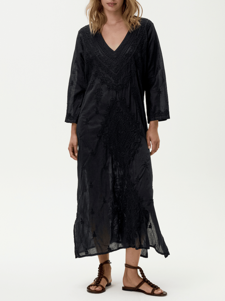 Oneseason Long Goa Embroidered Dress in Black Oneseason One Season lightweight and stylish resort wear Australian fashion label official stockist Signature of Double Bay