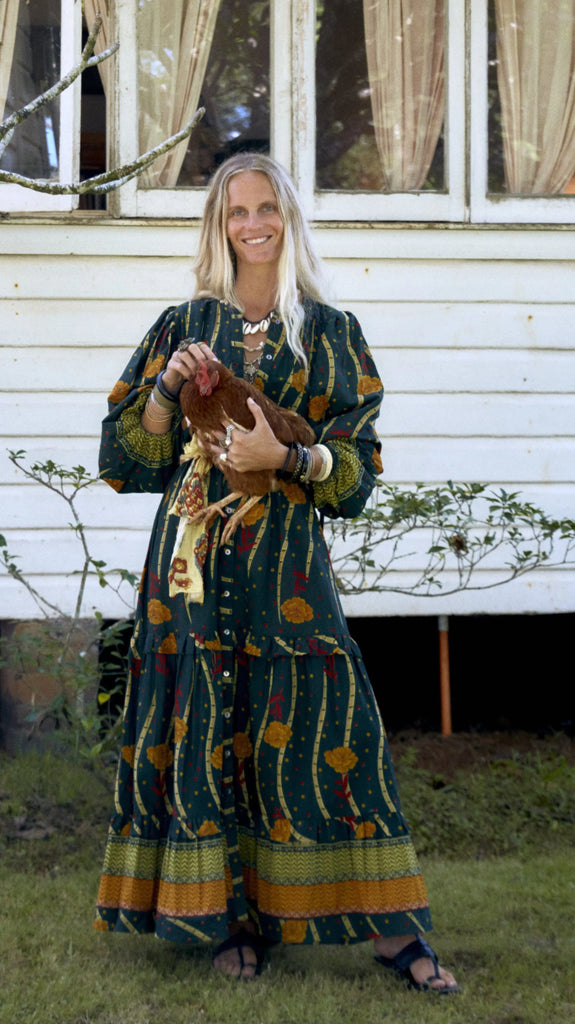 Maison Hotel Raphaelle Maxi Dress in Light My Fire Print Shop Maison Hotel online store shirts pants and dresses in Sydney Australia official stockist Maison Hotel buy Bohemian french style clothing with hand embroidery and vintage style