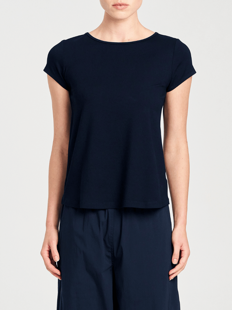 Mela Purdie V Neck Cap Sleeve Cafe T in French Navy 2135 Mela Purdie Stockist Online Australia Signature of Double Bay Tops Dresses Elegant Clothing