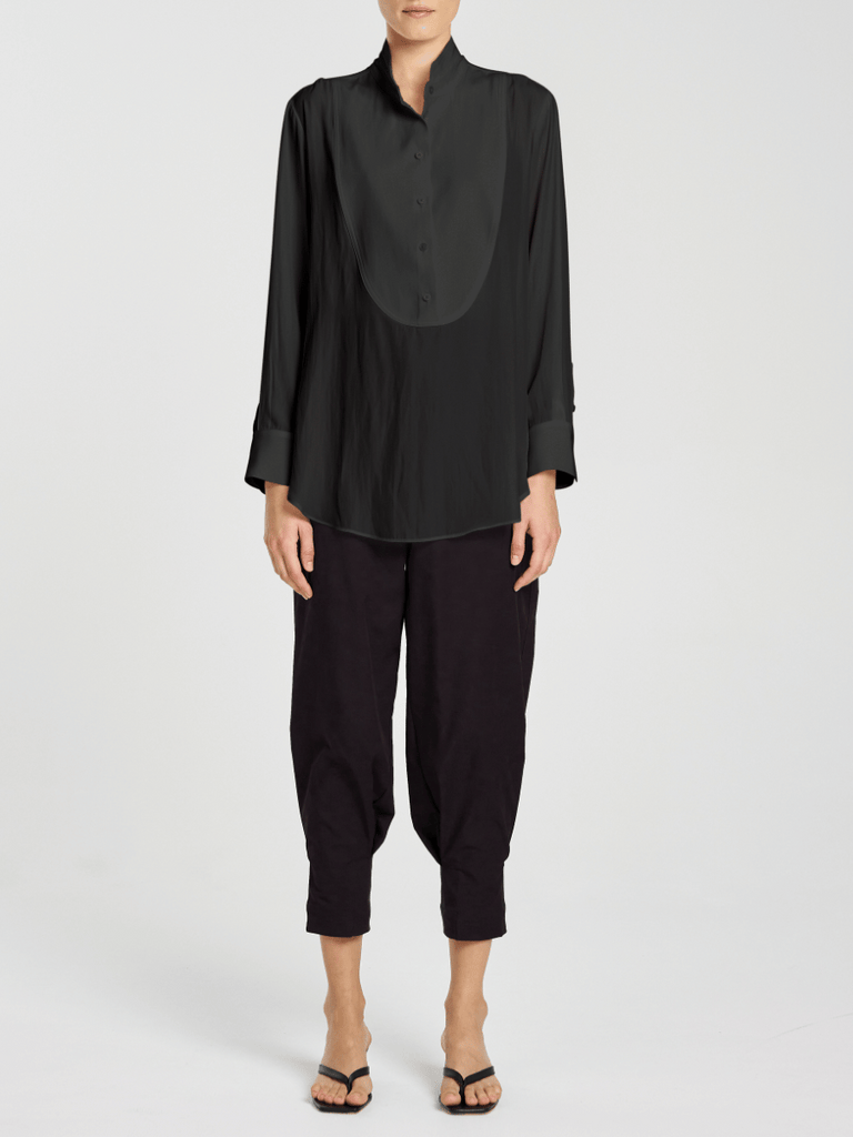 Mela Purdie Curved Hem Dinner Shirt with Exaggerated Cuffs in Black 8756 Mela Purdie Stockist Online Australia Signature of Double Bay Tops Dresses Elegant Clothing