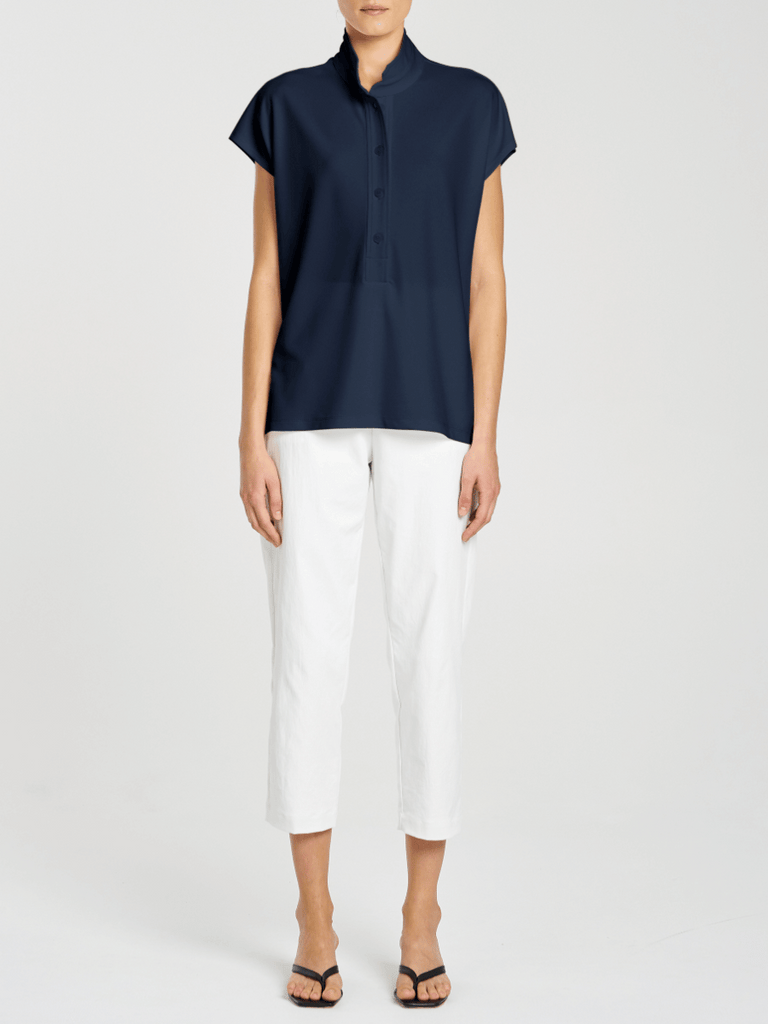 Mela Purdie Cap Sleeve Henley Tank in Navy Blue 8755 Mela Purdie Stockist Online Australia Signature of Double Bay Tops Dresses Elegant Clothing