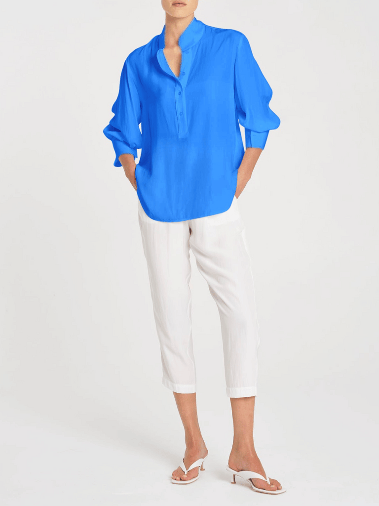 Mela Purdie 3/4 Sleeve Relaxed Fit Resort Shirt in Miami Blue Mela Purdie Stockist Online Australia Signature of Double Bay Tops Dresses Elegant Clothing
