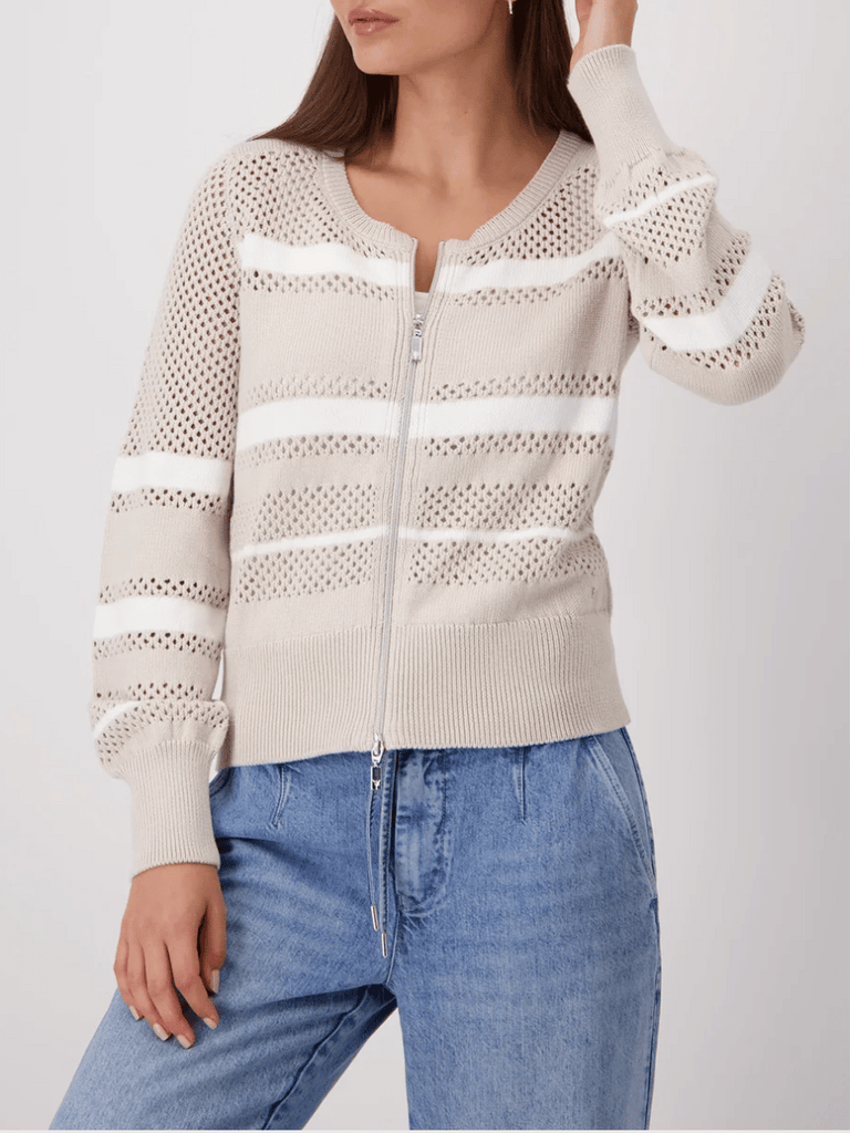 Monari Striped Ajour Knit Zip Cardigan in Beige and White 409281 Discover the Elegant Monari Collection at Signature of Double Bay, Shop Stylish Knitwear, Dresses, and Tops Online from Sydney's Premier Mature Fashion Boutique
