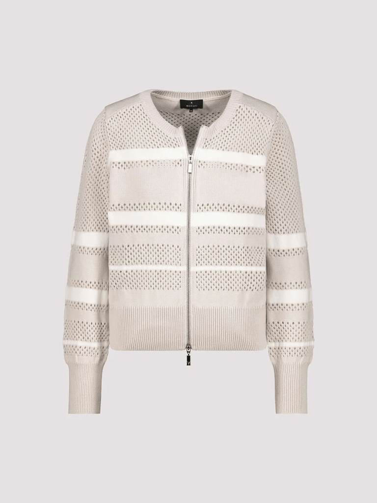 Monari Striped Ajour Knit Zip Cardigan in Beige and White 409281 Discover the Elegant Monari Collection at Signature of Double Bay, Shop Stylish Knitwear, Dresses, and Tops Online from Sydney's Premier Mature Fashion Boutique