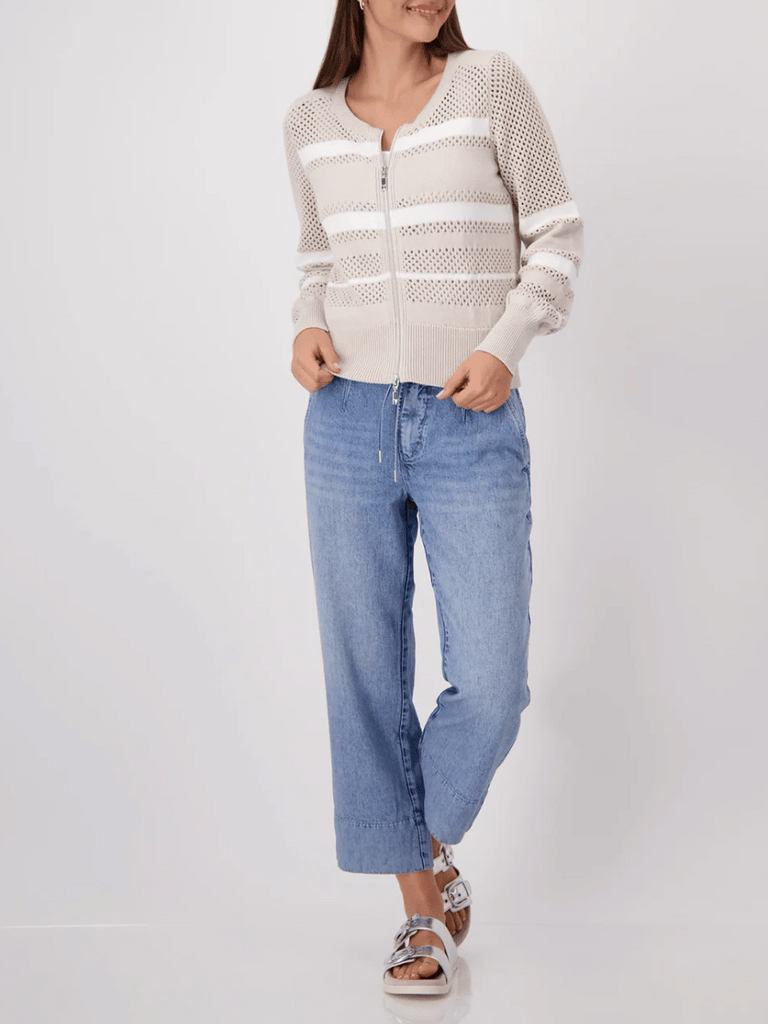 Monari Striped Ajour Knit Zip Cardigan in Beige and White 409281 Discover the Elegant Monari Collection at Signature of Double Bay, Shop Stylish Knitwear, Dresses, and Tops Online from Sydney's Premier Mature Fashion Boutique