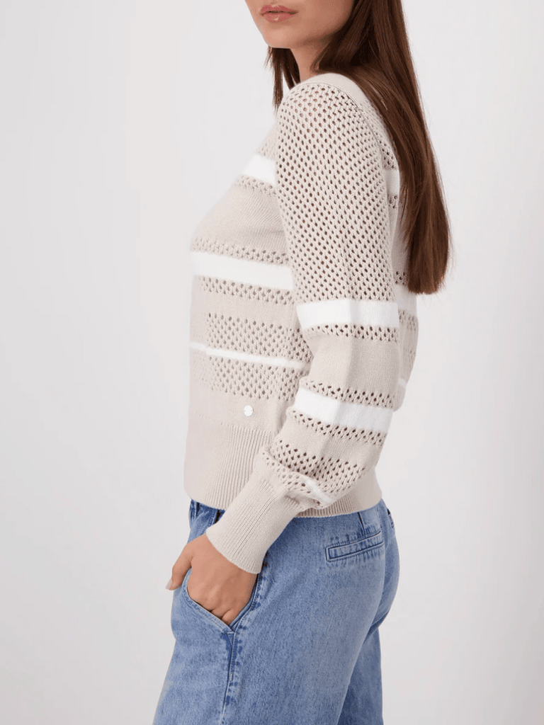 Monari Striped Ajour Knit Zip Cardigan in Beige and White 409281 Discover the Elegant Monari Collection at Signature of Double Bay, Shop Stylish Knitwear, Dresses, and Tops Online from Sydney's Premier Mature Fashion Boutique