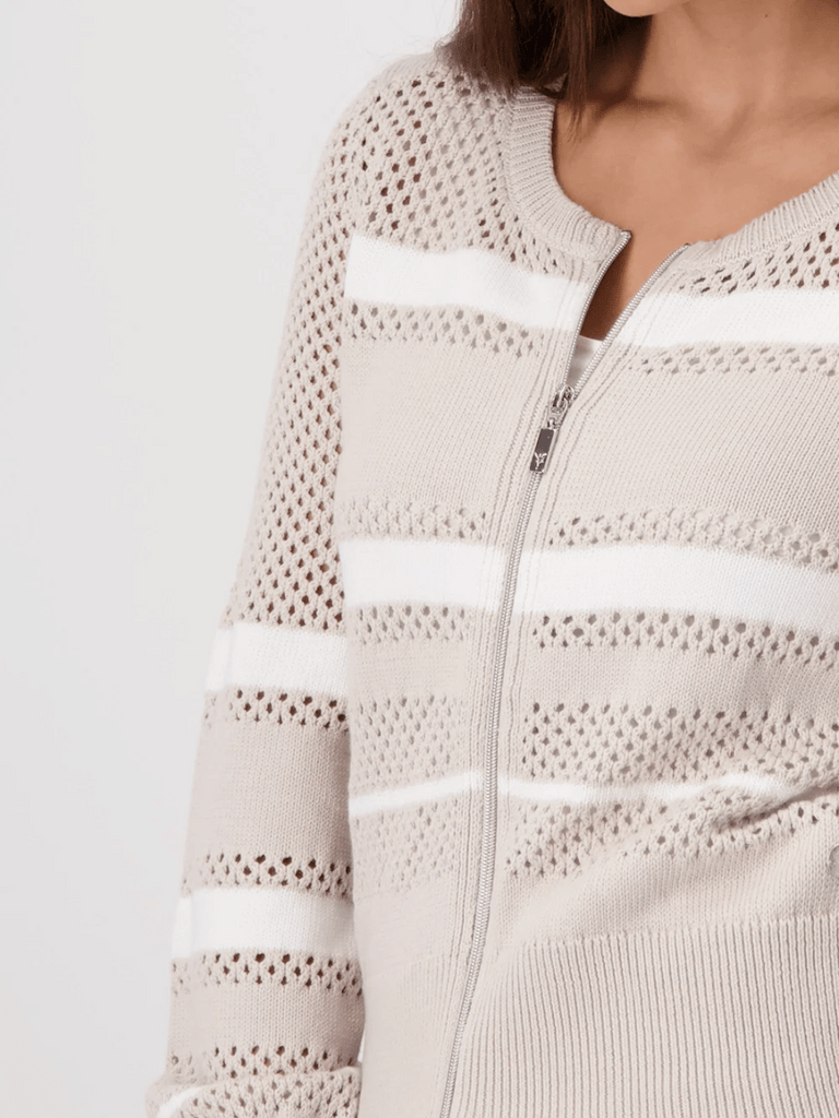 Monari Striped Ajour Knit Zip Cardigan in Beige and White 409281 Discover the Elegant Monari Collection at Signature of Double Bay, Shop Stylish Knitwear, Dresses, and Tops Online from Sydney's Premier Mature Fashion Boutique