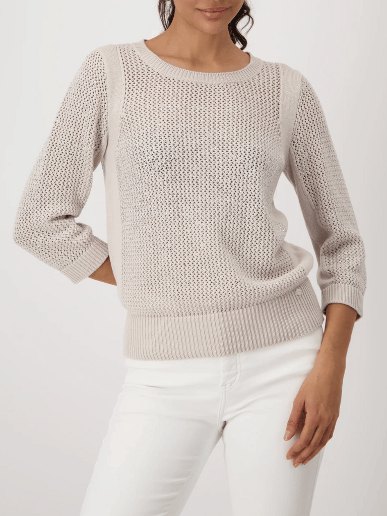Monari Mesh Ajour Knit Jumper with Rhinestone Embellishment in Beige 409516 Discover the Elegant Monari Collection at Signature of Double Bay, Shop Stylish Knitwear, Dresses, and Tops Online from Sydney's Premier Mature Fashion Boutique