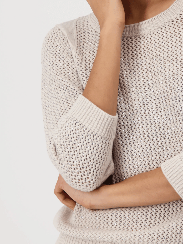 Monari Mesh Ajour Knit Jumper with Rhinestone Embellishment in Beige 409516 Discover the Elegant Monari Collection at Signature of Double Bay, Shop Stylish Knitwear, Dresses, and Tops Online from Sydney's Premier Mature Fashion Boutique
