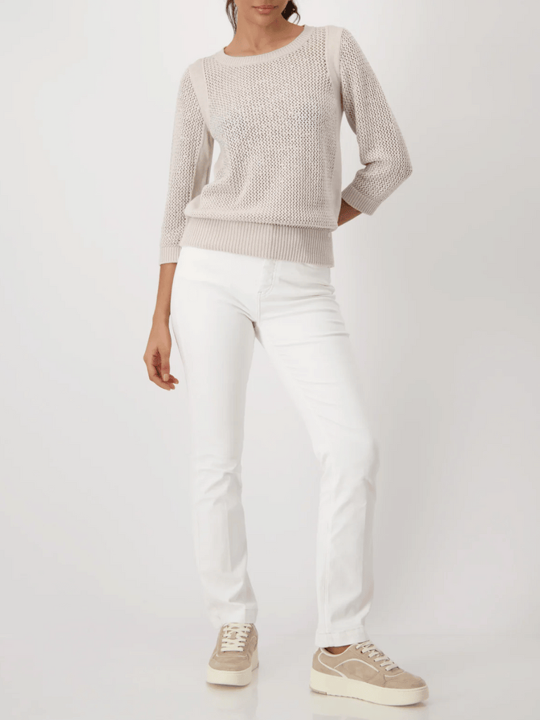 Monari Mesh Ajour Knit Jumper with Rhinestone Embellishment in Beige 409516 Discover the Elegant Monari Collection at Signature of Double Bay, Shop Stylish Knitwear, Dresses, and Tops Online from Sydney's Premier Mature Fashion Boutique