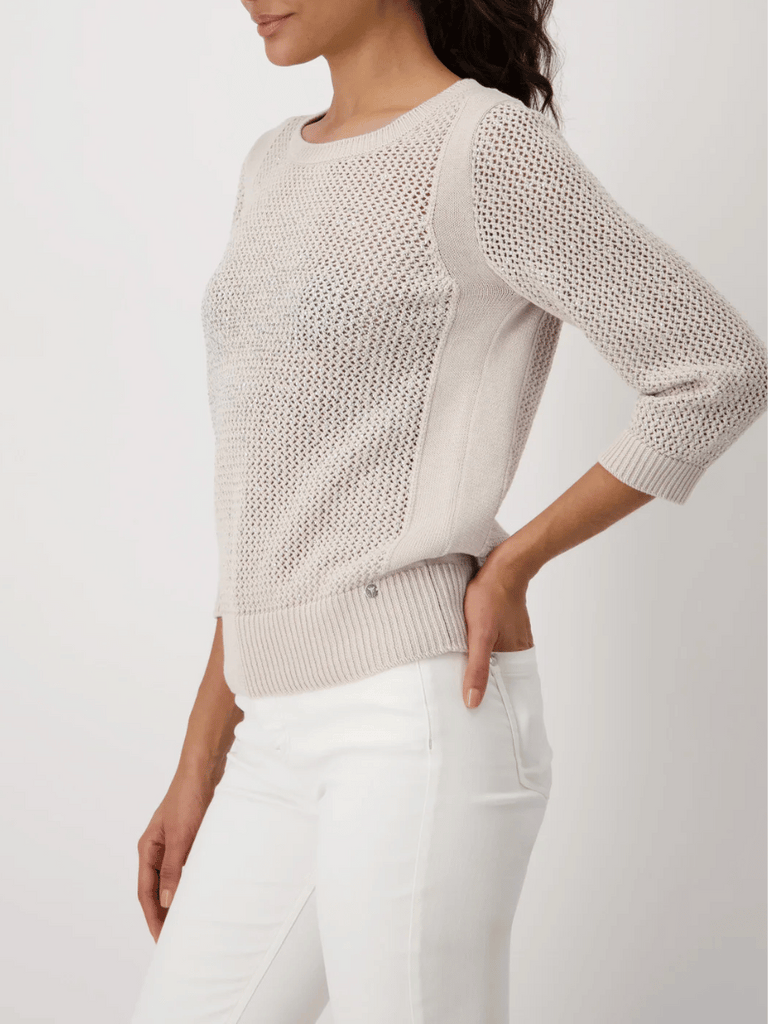 Monari Mesh Ajour Knit Jumper with Rhinestone Embellishment in Beige 409516 Discover the Elegant Monari Collection at Signature of Double Bay, Shop Stylish Knitwear, Dresses, and Tops Online from Sydney's Premier Mature Fashion Boutique