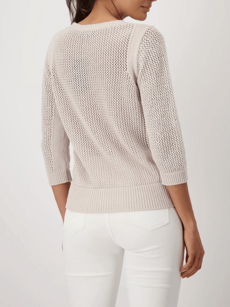 Monari Mesh Ajour Knit Jumper with Rhinestone Embellishment in Beige 409516 Discover the Elegant Monari Collection at Signature of Double Bay, Shop Stylish Knitwear, Dresses, and Tops Online from Sydney's Premier Mature Fashion Boutique