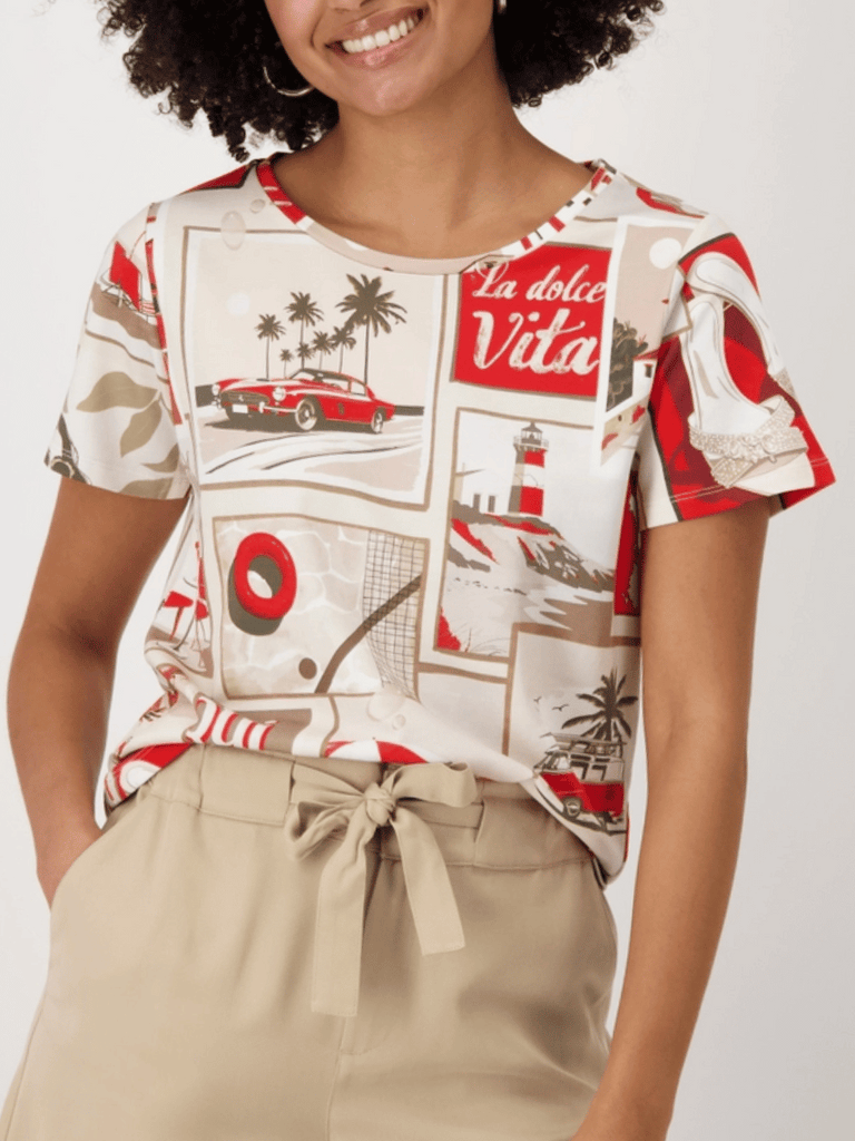 Monari Short Sleeve Round Neck Polaroid Print Cotton Modal T-Shirt in Red Discover the Elegant Monari Collection at Signature of Double Bay, Shop Stylish Knitwear, Dresses, and Tops Online from Sydney's Premier Mature Fashion Boutique