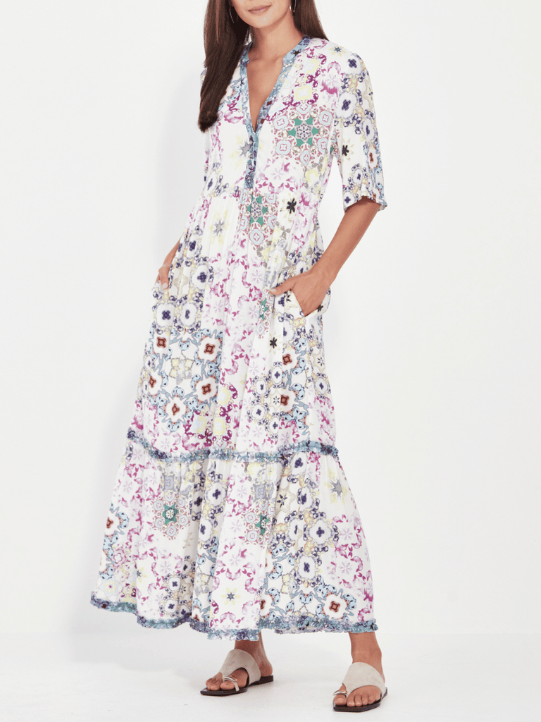 VERGE 3/4 Sleeve Relaxed Fit Mystery Midi Dress in White Tile Print Verge Stockist Online Australia Signature of Double Bay Mature Fashion Acrobat Flattering