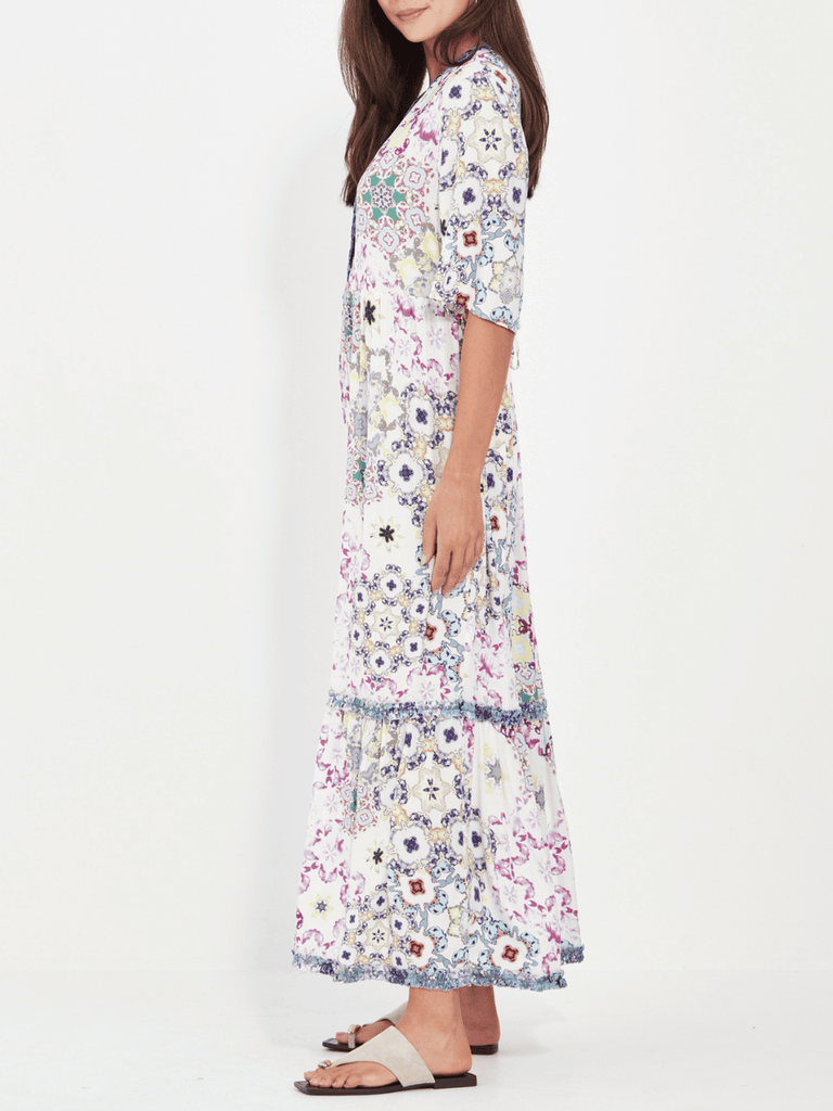 VERGE 3/4 Sleeve Relaxed Fit Mystery Midi Dress in White Tile Print Verge Stockist Online Australia Signature of Double Bay Mature Fashion Acrobat Flattering
