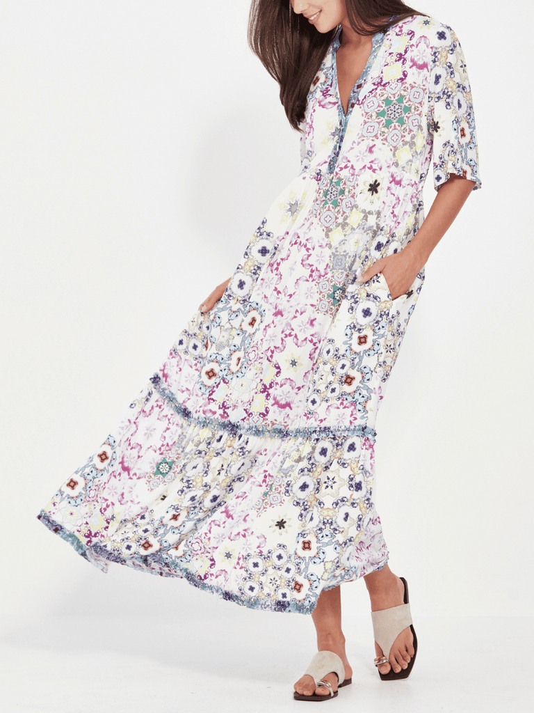 VERGE 3/4 Sleeve Relaxed Fit Mystery Midi Dress in White Tile Print Verge Stockist Online Australia Signature of Double Bay Mature Fashion Acrobat Flattering