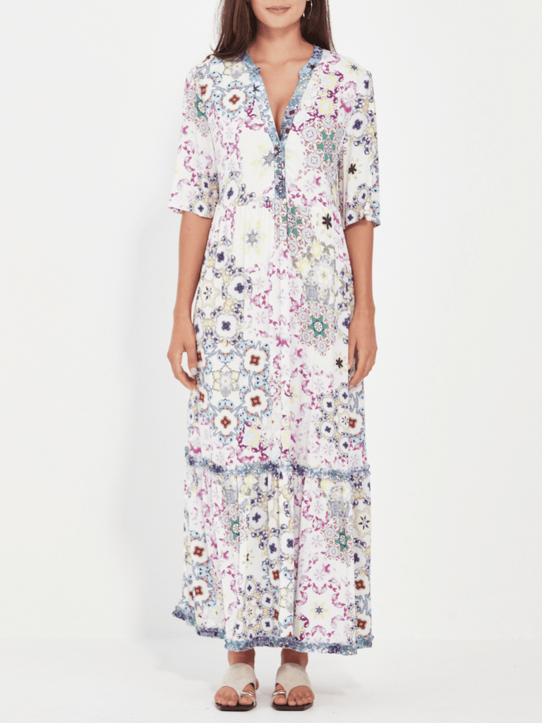 VERGE 3/4 Sleeve Relaxed Fit Mystery Midi Dress in White Tile Print Verge Stockist Online Australia Signature of Double Bay Mature Fashion Acrobat Flattering