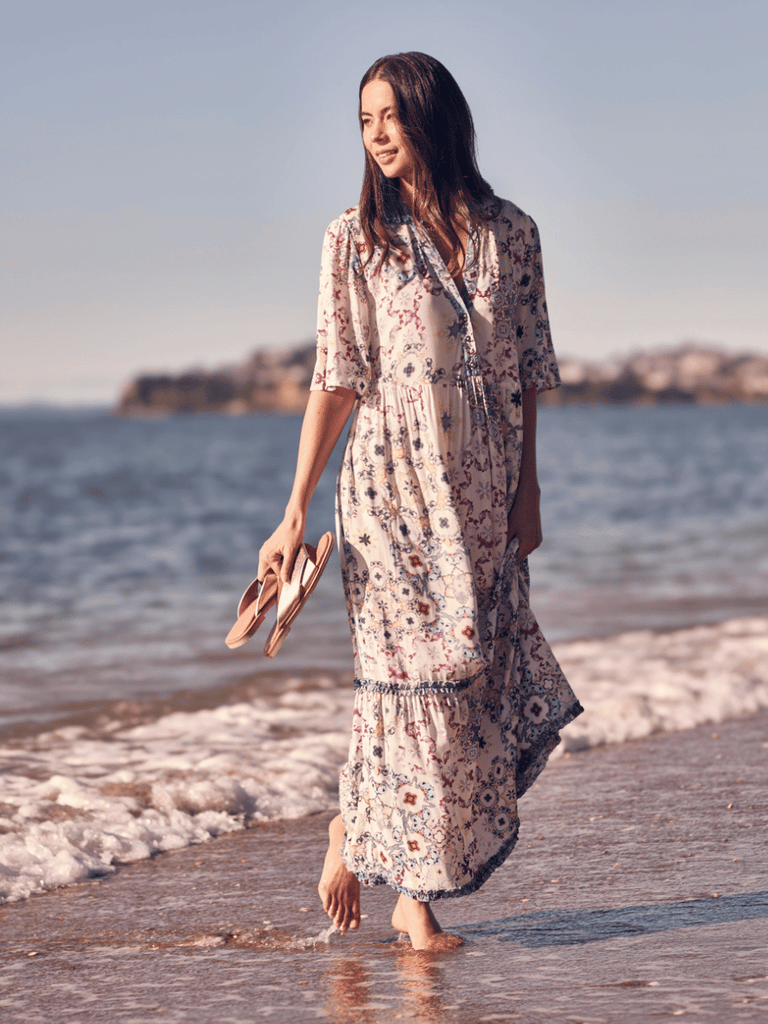 VERGE 3/4 Sleeve Relaxed Fit Mystery Midi Dress in White Tile Print Verge Stockist Online Australia Signature of Double Bay Mature Fashion Acrobat Flattering