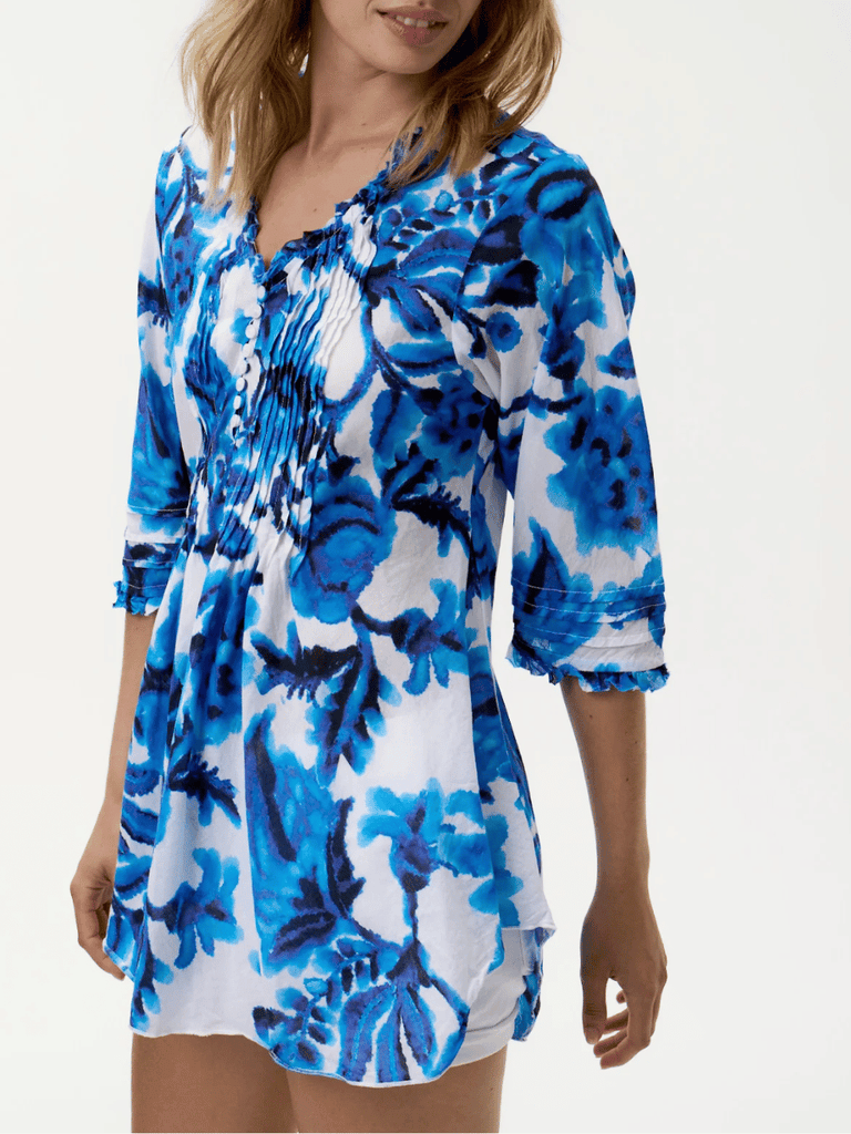 Oneseason 3/4 Sleeve Longline Poppy Top in Blue and White Floral Print Oneseason One Season lightweight and stylish resort wear Australian fashion label official stockist Signature of Double Bay