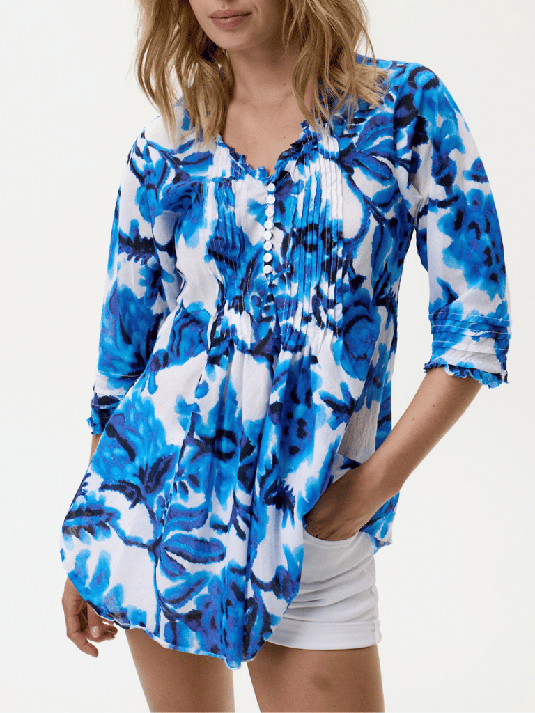 Oneseason 3/4 Sleeve Longline Poppy Top in Blue and White Floral Print Oneseason One Season lightweight and stylish resort wear Australian fashion label official stockist Signature of Double Bay