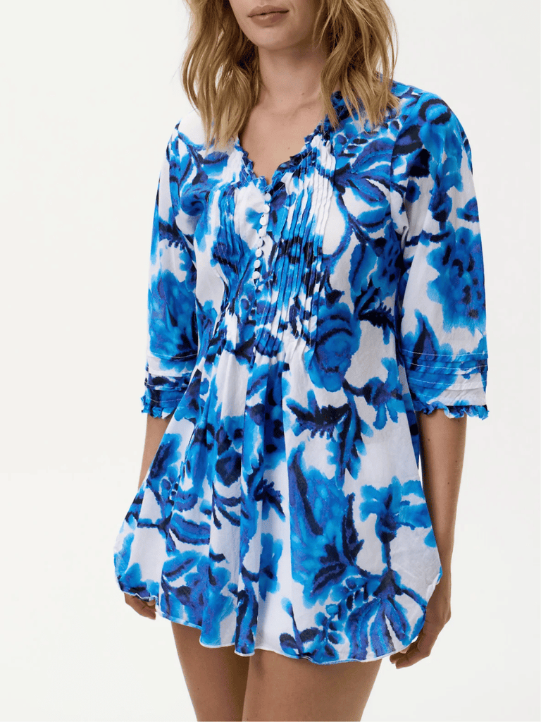 Oneseason 3/4 Sleeve Longline Poppy Top in Blue and White Floral Print Oneseason One Season lightweight and stylish resort wear Australian fashion label official stockist Signature of Double Bay