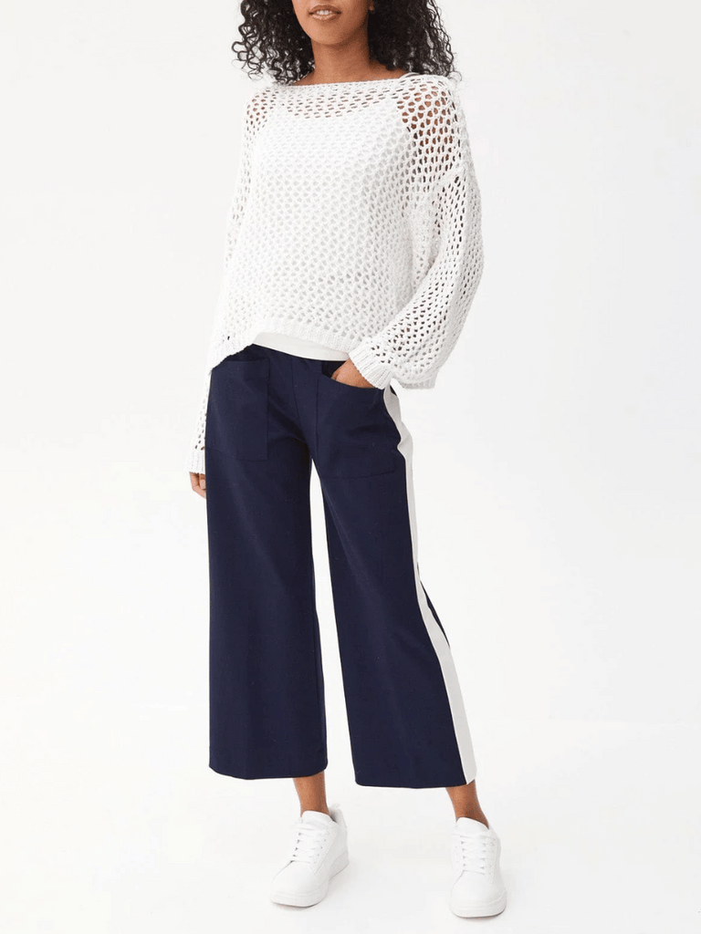 Peruzzi Side Stripe Cropped Trousers in Navy and Cream 25179 shop peruzzi, peruzzi fashion, peruzzi stockists, peruzzi stockists australia, peruzzi sydney, peruzzi womens clothing