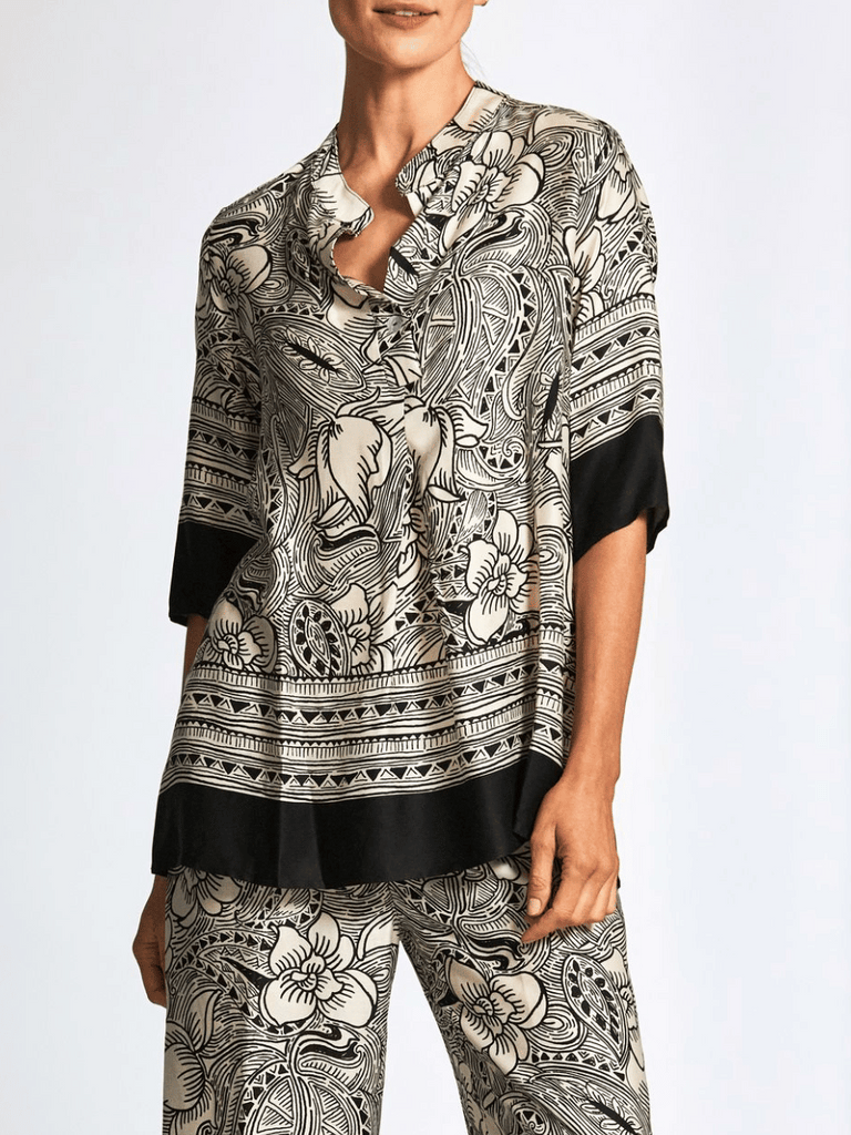 Peruzzi 3/4 Sleeve Woodblock Print Top in Black and Ecru Print S25124 shop peruzzi, peruzzi fashion, peruzzi stockists, peruzzi stockists australia, peruzzi sydney, peruzzi womens clothing