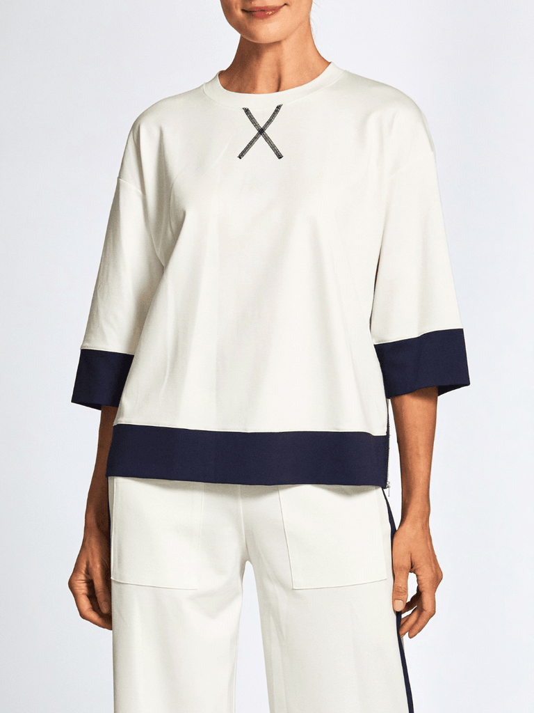 Peruzzi Contrast Zip Detail 3/4 Sleeve Top in Cream and Navy 25178 shop peruzzi, peruzzi fashion, peruzzi stockists, peruzzi stockists australia, peruzzi sydney, peruzzi womens clothing