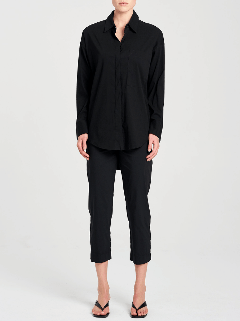 Mela Purdie Relaxed Pocket Shirt in Black Microprene 8101 Mela Purdie Stockist Online Australia Signature of Double Bay Tops Dresses Elegant Clothing