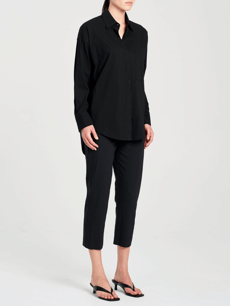 Mela Purdie Relaxed Pocket Shirt in Black Microprene 8101 Mela Purdie Stockist Online Australia Signature of Double Bay Tops Dresses Elegant Clothing