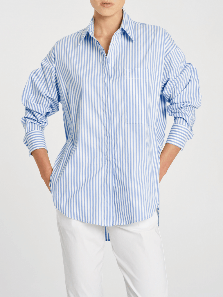 Mela Purdie Relaxed Button Front Pocket Shirt in Pale Blue and White Stripe 8101 Mela Purdie Stockist Online Australia Signature of Double Bay Tops Dresses Elegant Clothing