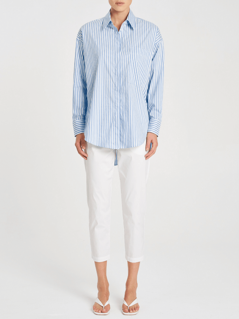 Mela Purdie Relaxed Button Front Pocket Shirt in Pale Blue and White Stripe 8101 Mela Purdie Stockist Online Australia Signature of Double Bay Tops Dresses Elegant Clothing
