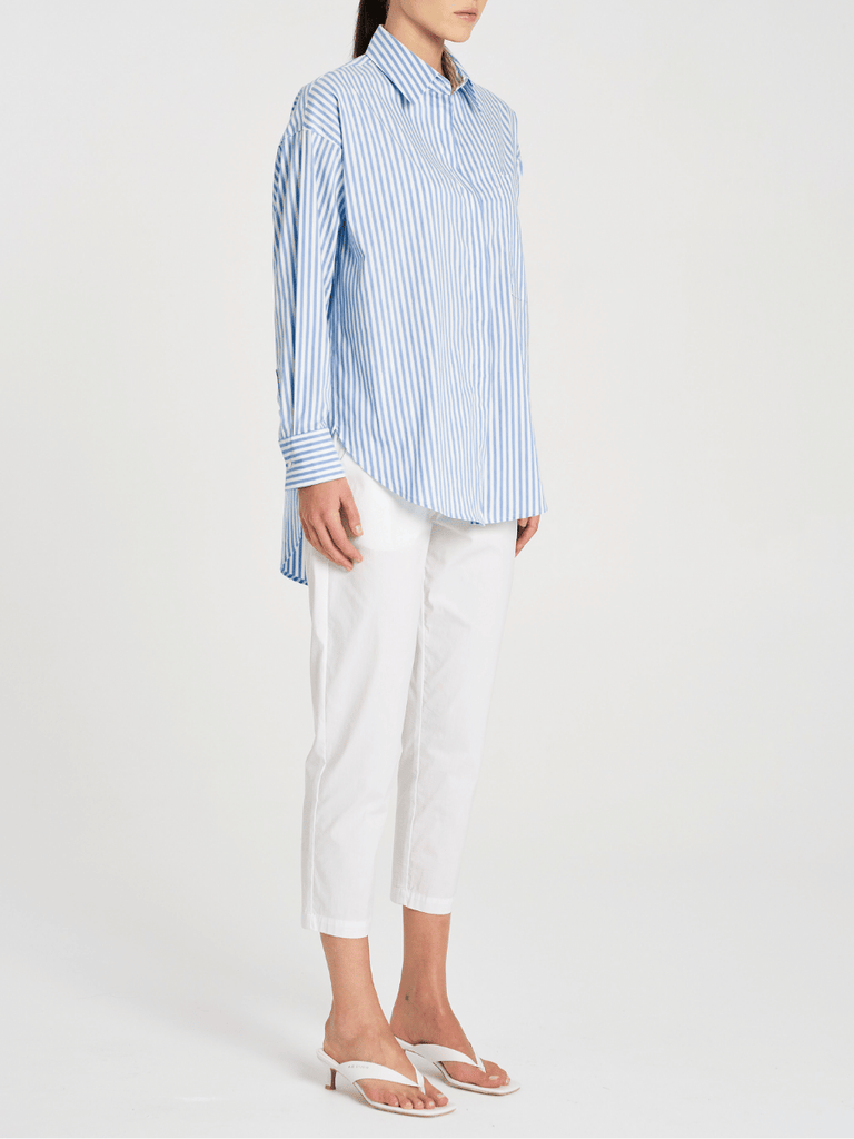 Mela Purdie Relaxed Button Front Pocket Shirt in Pale Blue and White Stripe 8101 Mela Purdie Stockist Online Australia Signature of Double Bay Tops Dresses Elegant Clothing