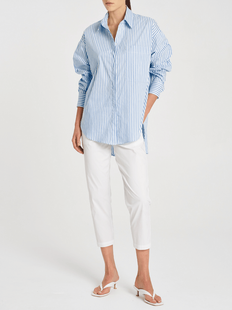 Mela Purdie Relaxed Button Front Pocket Shirt in Pale Blue and White Stripe 8101 Mela Purdie Stockist Online Australia Signature of Double Bay Tops Dresses Elegant Clothing