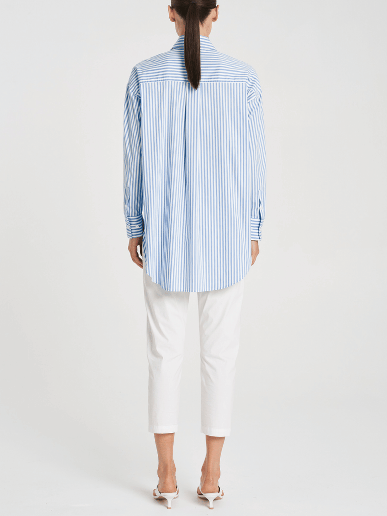 Mela Purdie Relaxed Button Front Pocket Shirt in Pale Blue and White Stripe 8101 Mela Purdie Stockist Online Australia Signature of Double Bay Tops Dresses Elegant Clothing