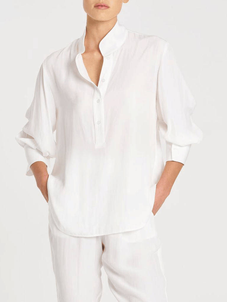 Mela Purdie 3/4 Sleeve Relaxed Fit Resort Shirt in White Mela Purdie Stockist Online Australia Signature of Double Bay Tops Dresses Elegant Clothing