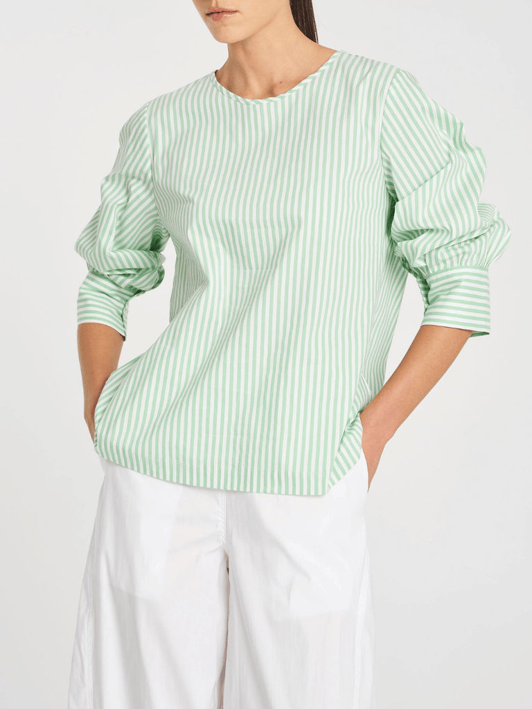 Mela Purdie Long Sleeve Resort Top in Green and White Stripe 8786 Mela Purdie Stockist Online Australia Signature of Double Bay Tops Dresses Elegant Clothing