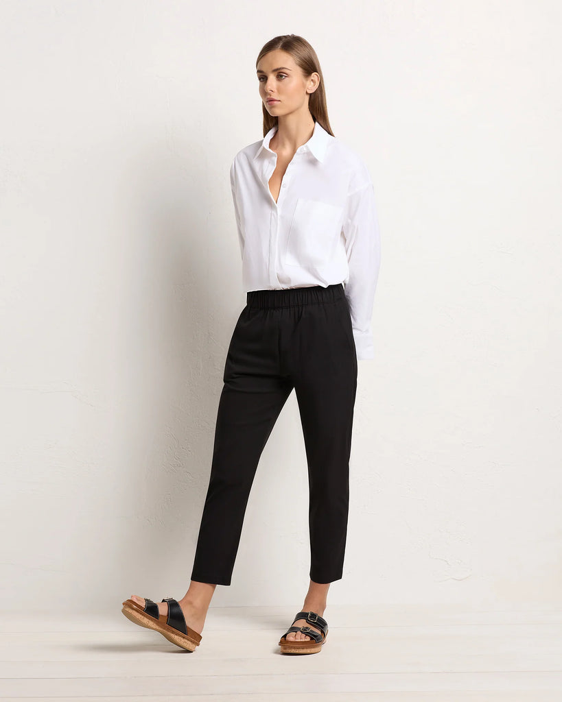 Mela Purdie Stockist Online Australia Nomad Pant in Black stretch cotton tapered leg elastic comfortable waist chic pocket pant