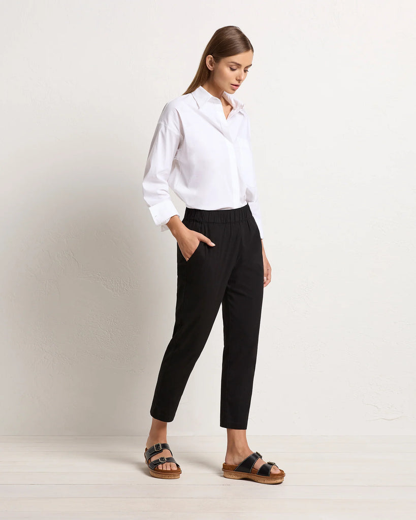 Mela Purdie Stockist Online Australia Nomad Pant in Black stretch cotton tapered leg elastic comfortable waist chic pocket pant