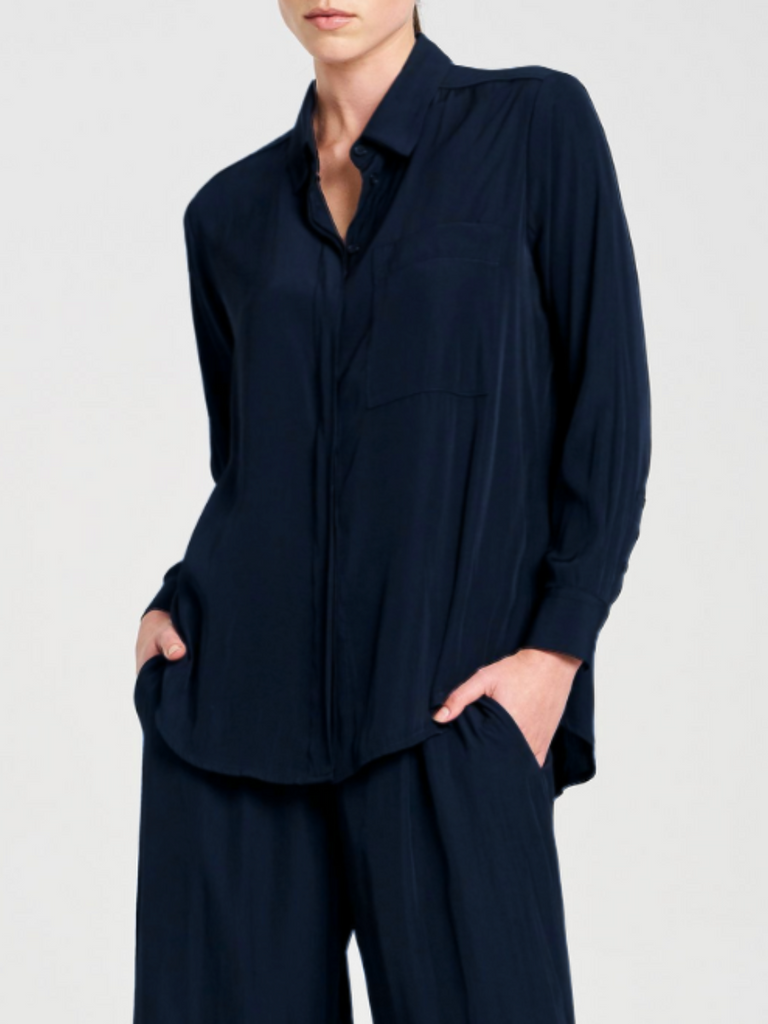 Mela Purdie Long Sleeve Single Pocket Shirt in Navy Blue 7741 Mela Purdie Stockist Online Australia Signature of Double Bay Tops Dresses Elegant Clothing