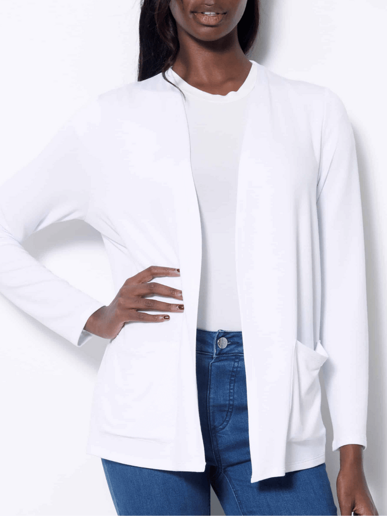 UP! PANTS Longline Provence Cardigan Duster in White 30413 Up Pants Tummy control stockist online Australia flattering body contouring shaping pants high rise waistband signature of double bay Sydney fashion
