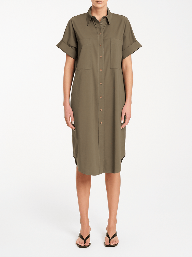 Mela Purdie Short Sleeve Stud Shell Shirt Dress in Fossil 3028 Mela Purdie Stockist Online Australia Signature of Double Bay Tops Dresses Elegant Clothing