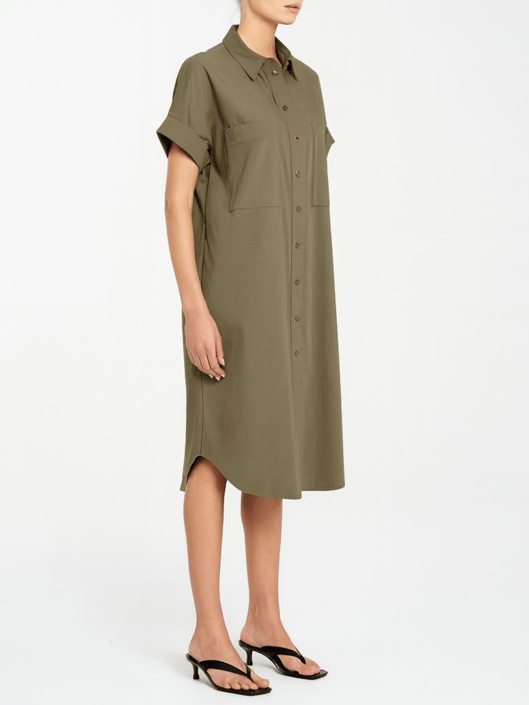 Mela Purdie Short Sleeve Stud Shell Shirt Dress in Fossil 3028 Mela Purdie Stockist Online Australia Signature of Double Bay Tops Dresses Elegant Clothing