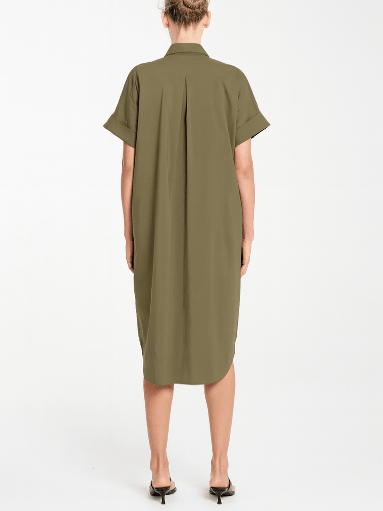 Mela Purdie Short Sleeve Stud Shell Shirt Dress in Fossil 3028 Mela Purdie Stockist Online Australia Signature of Double Bay Tops Dresses Elegant Clothing